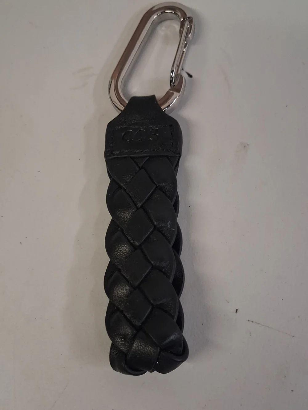 COS Braided Leather Keychain with Silver Carabiner - Black